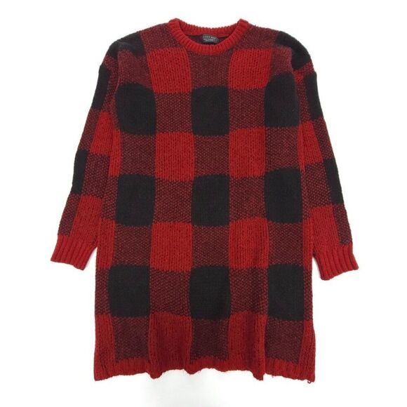 ZARA MAN Mohair Crew Tunic Sweater Red Black Buffalo Check Plaid 90s Grunge Y2k - Picture 1 of 7